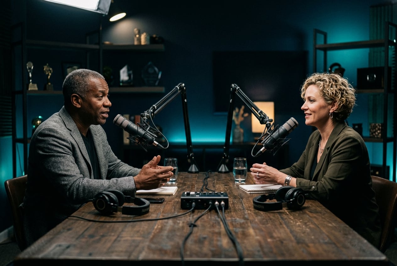 Two people in a professional podcast interview setup with microphones
