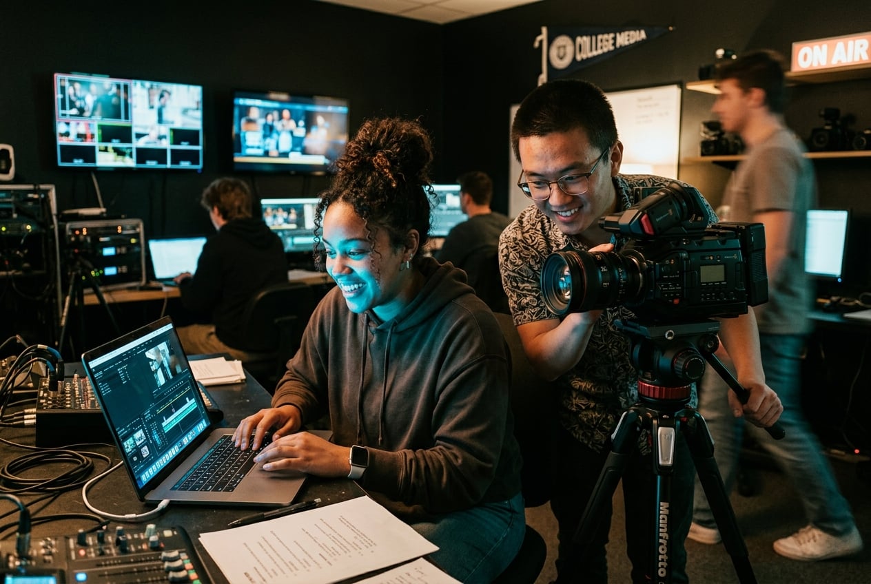 College media students producing and editing a segment behind the scenes