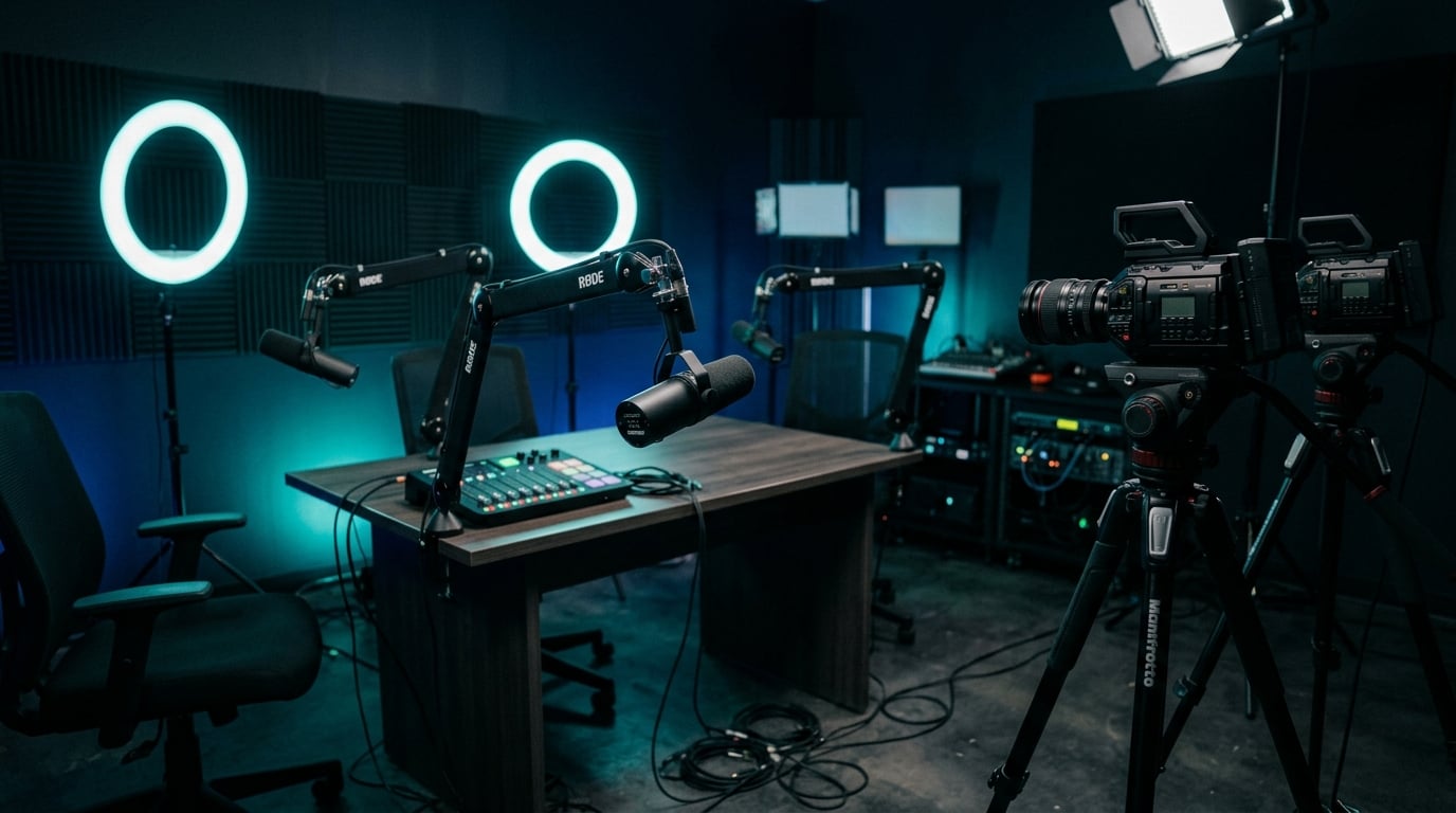 An atmospheric broadcast studio ready for a show to start