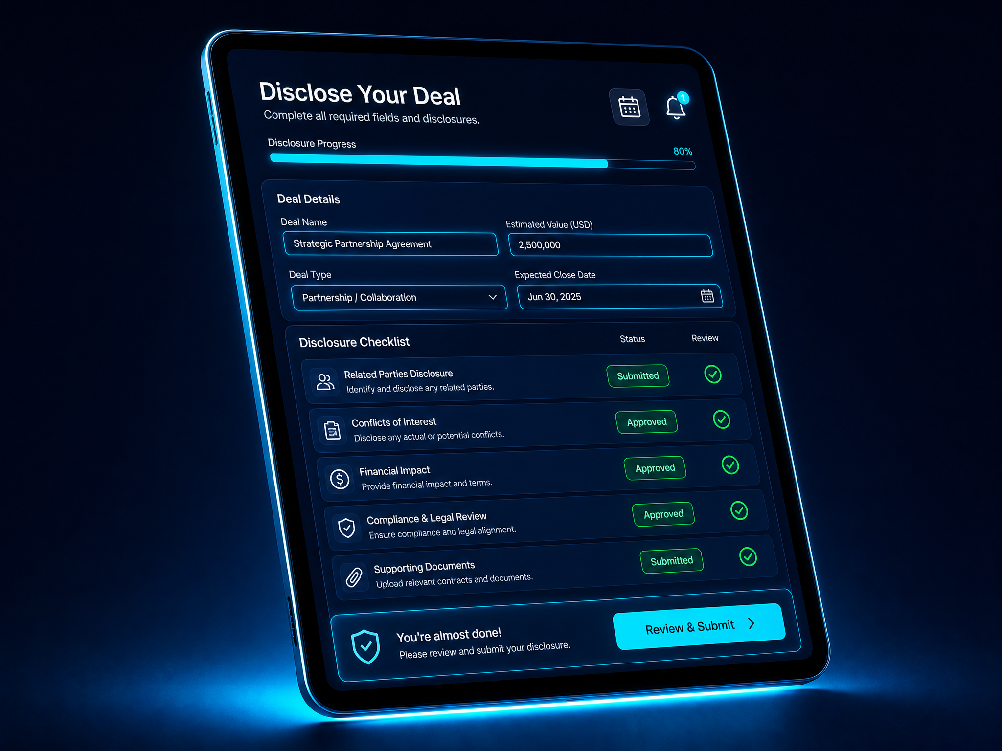 NILvault deal disclosure screen with a progress bar, deadline reminder, and approved checklist items