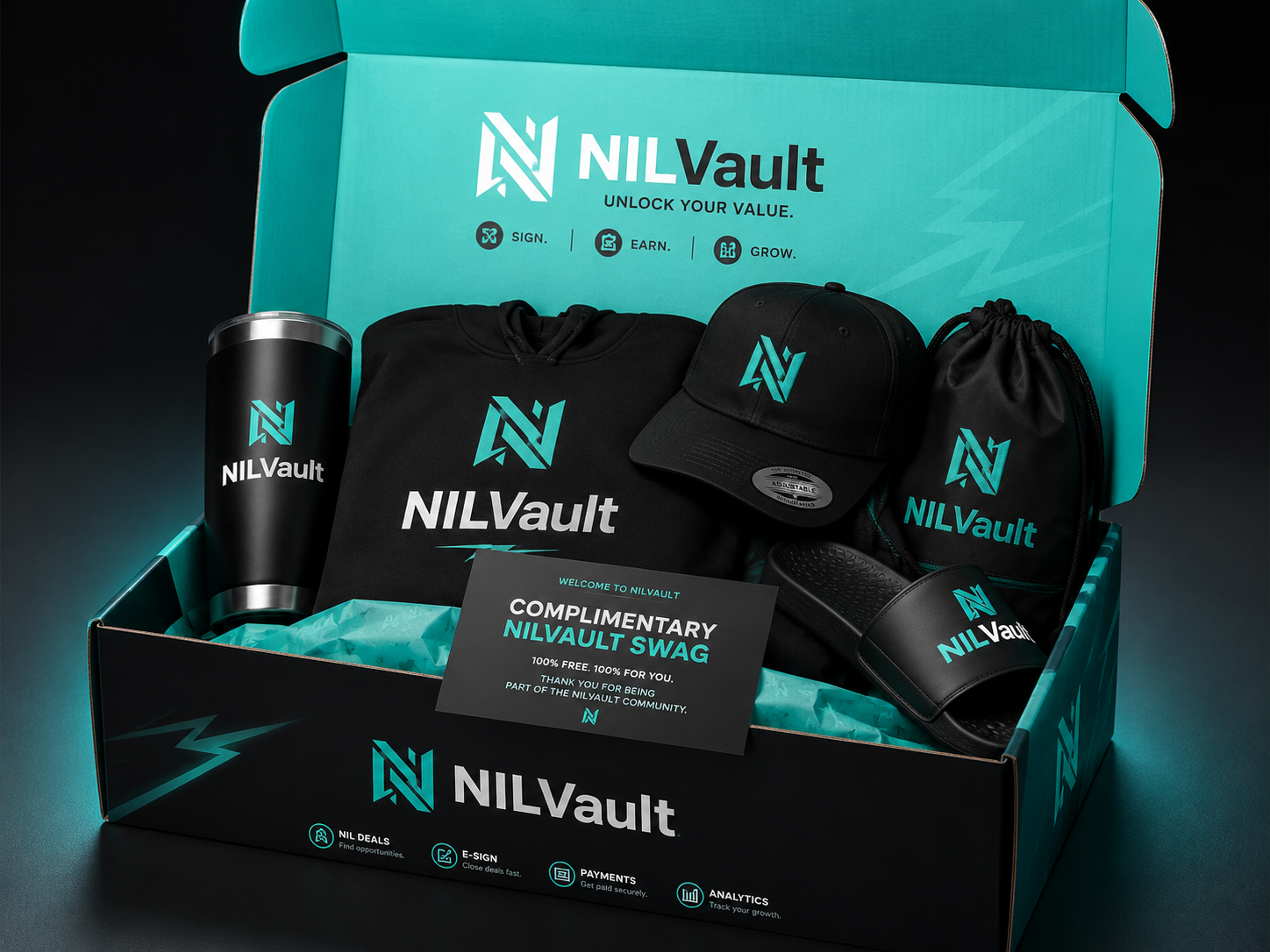 NILvault ambassador welcome box: matte-black tumbler, hoodie, cap, drawstring bag, and slides on teal tissue with branded packaging