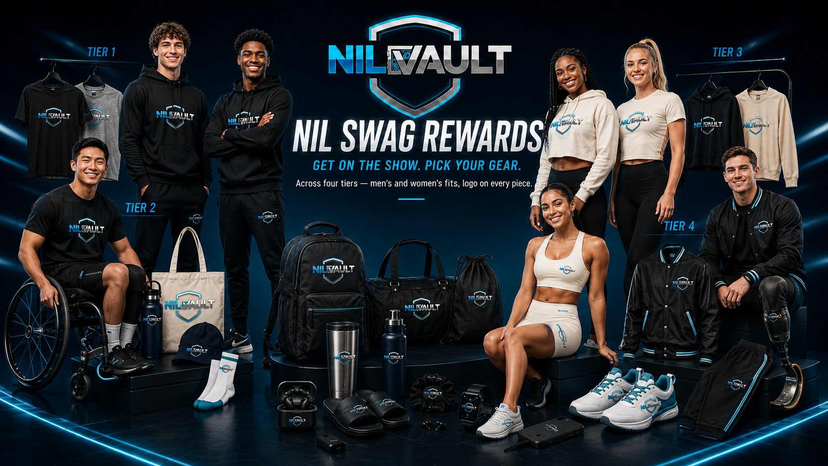 NIL Swag Rewards — the full NILvault swag collection across four tiers, men's and women's fits, logo on every piece