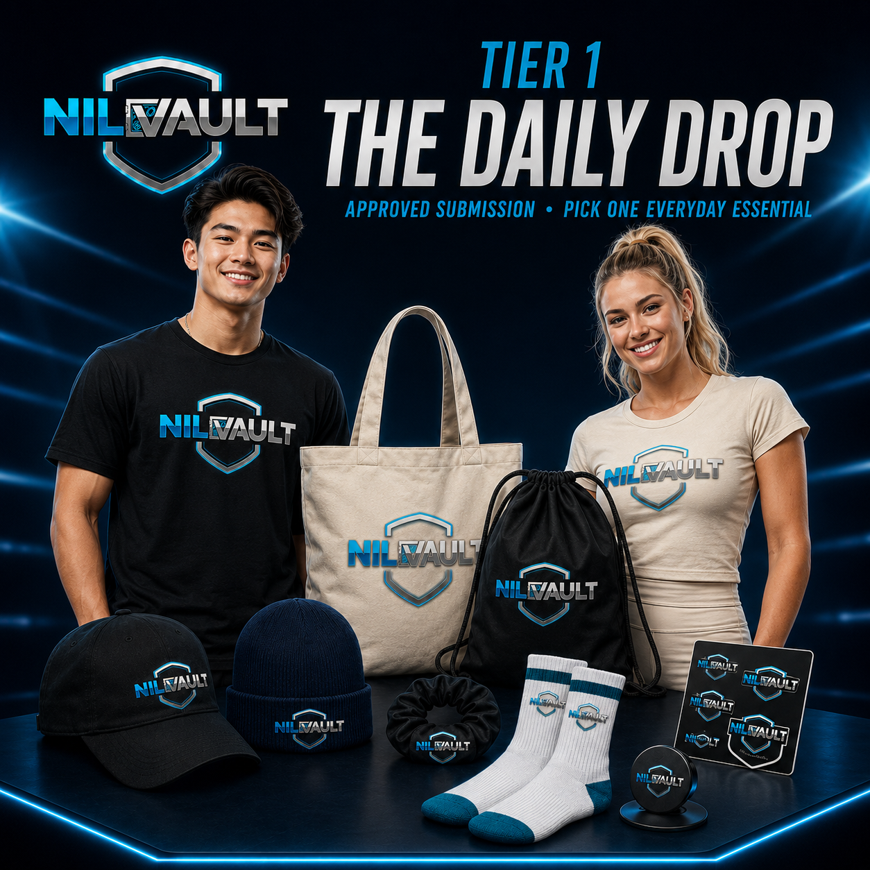 The Daily Drop NILvault swag — Logo tee, Women's fitted logo tee, Dad cap and more