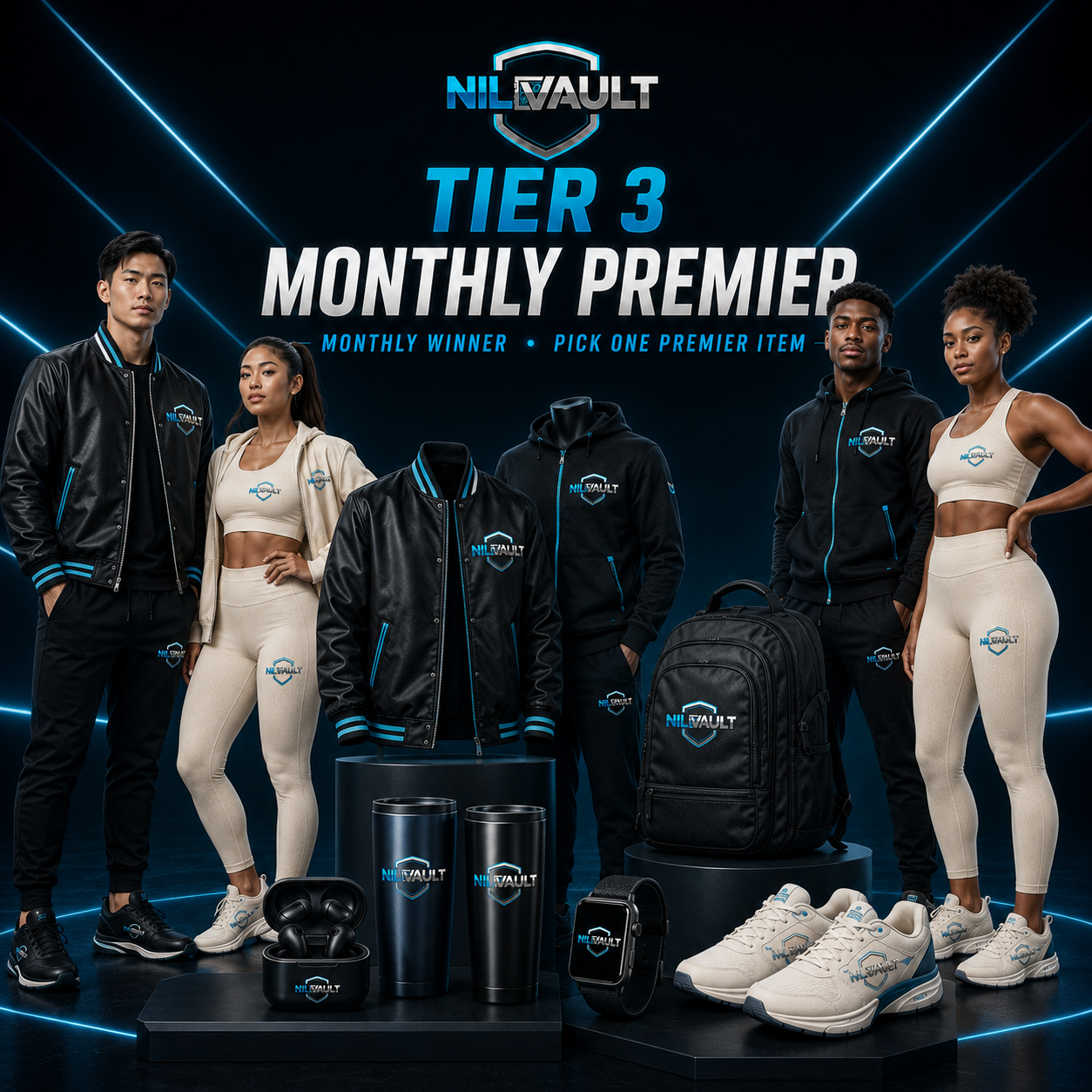 Monthly Premier NILvault swag — Varsity / bomber jacket, Full tracksuit, Women's seamless legging + top set and more