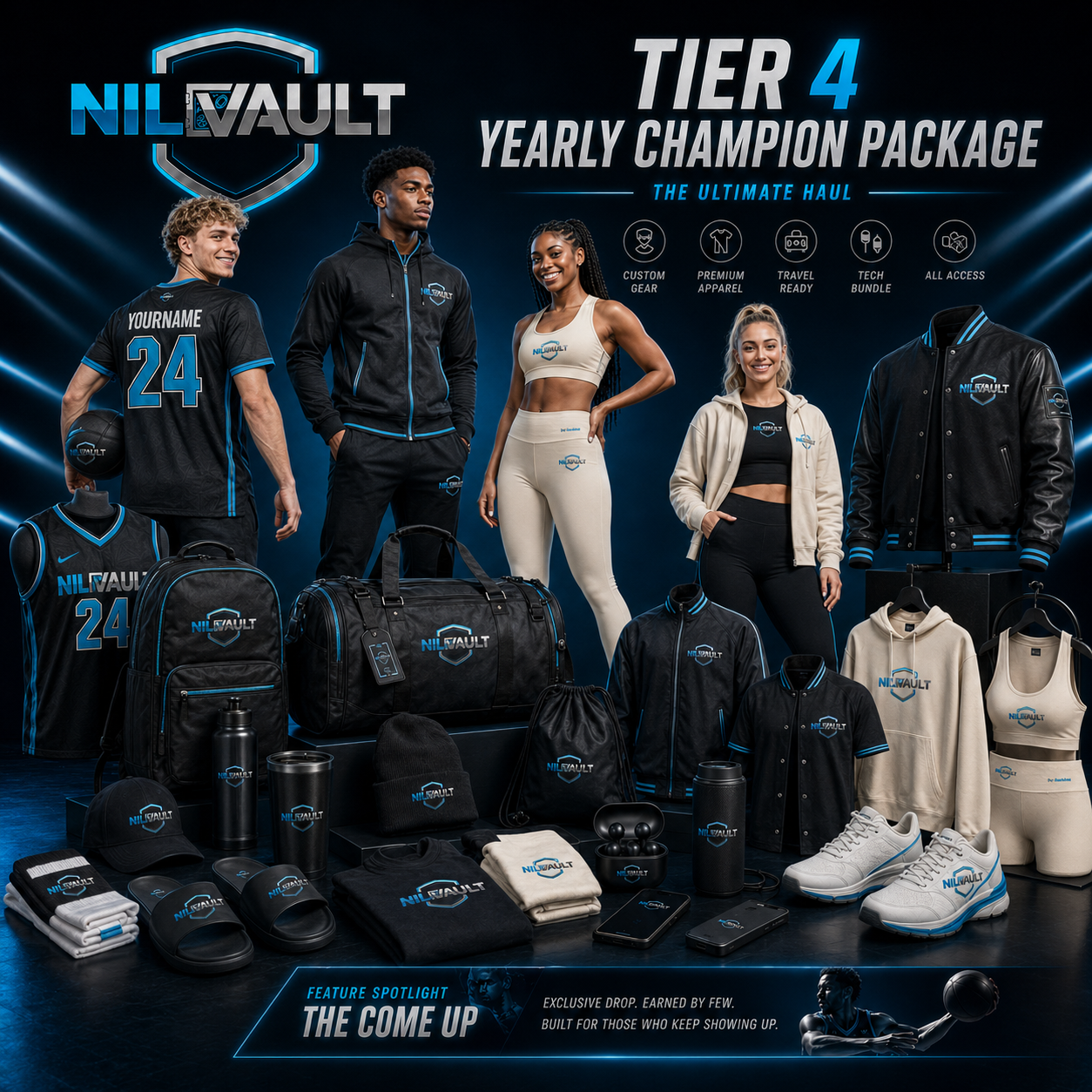 Yearly Champion Package NILvault swag — Custom name + number jersey, Premium tracksuit, Women's premium activewear set and more